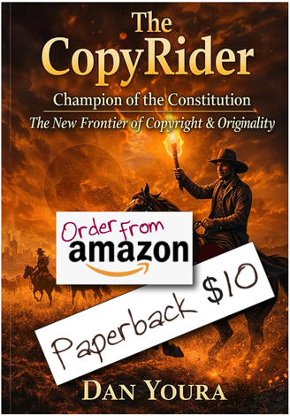 Book cover for “The CopyRider” with a cowboy silhouette, fiery background, and “Order from amazon” and “Paperback $10” notes