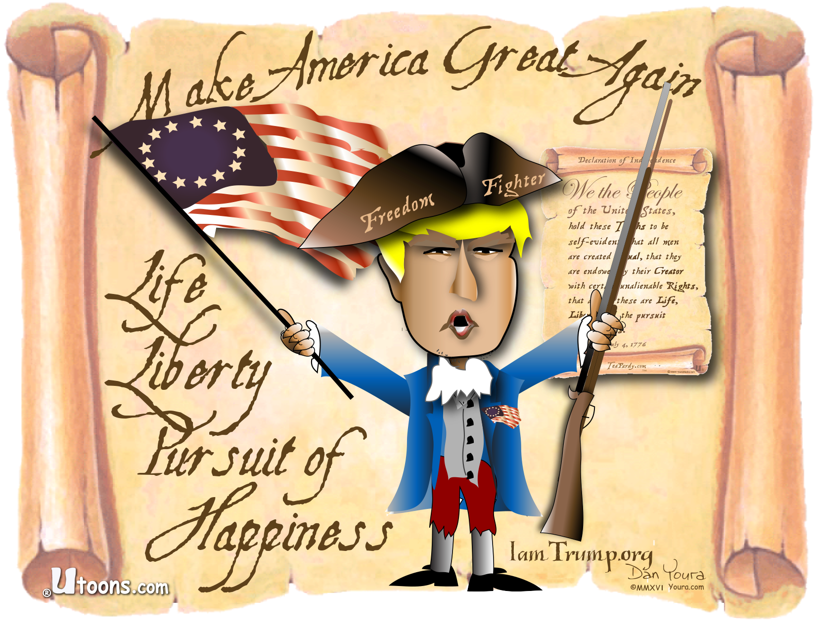 Cartoon Trump with U.S. flag, arms raised over Constitution and “Make America Great Again” text.