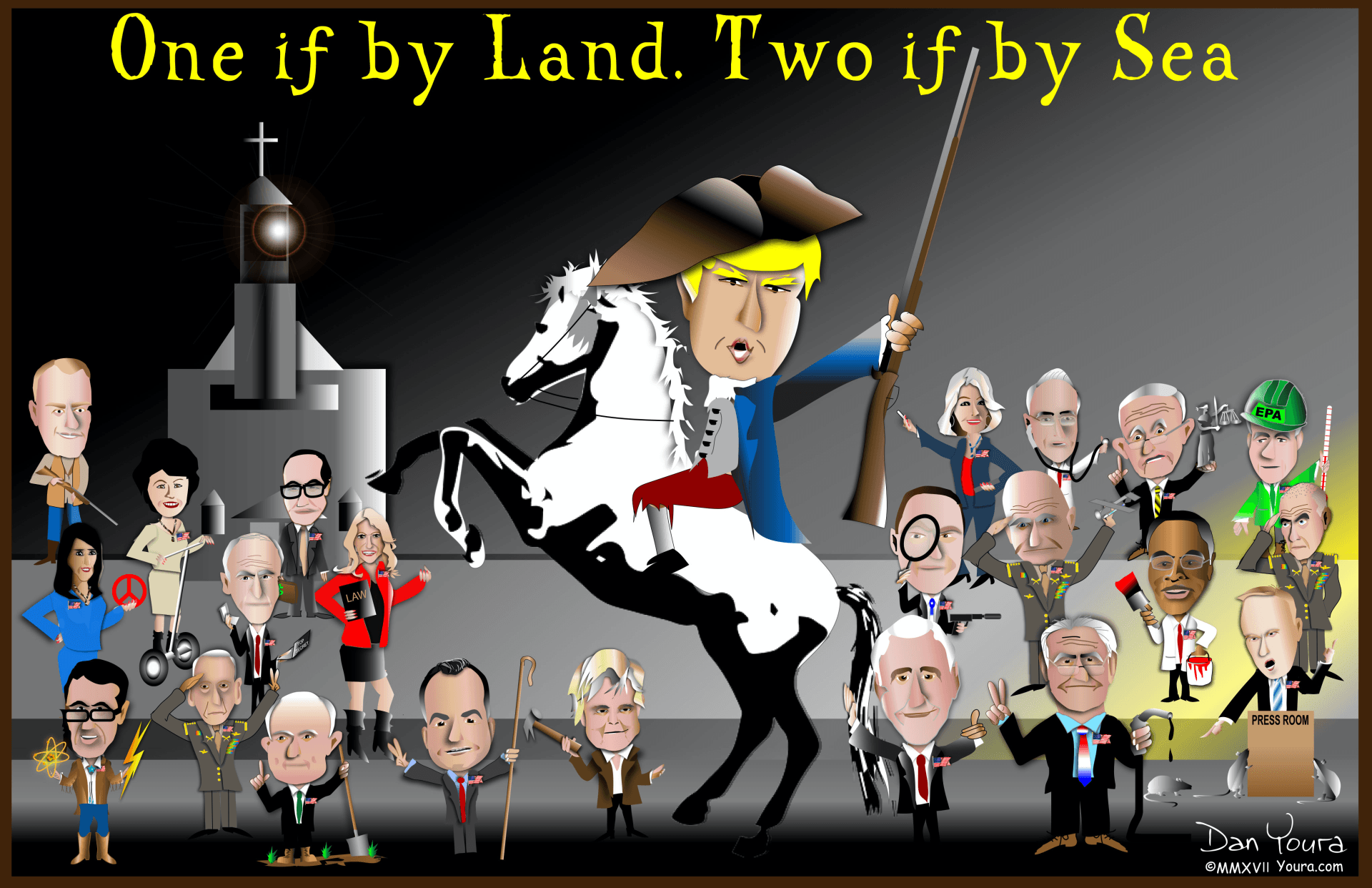 Political cartoon of a blond rider on a white horse, surrounded by caricatured people and a lighthouse, with “One if by Land. Two if by Sea.”