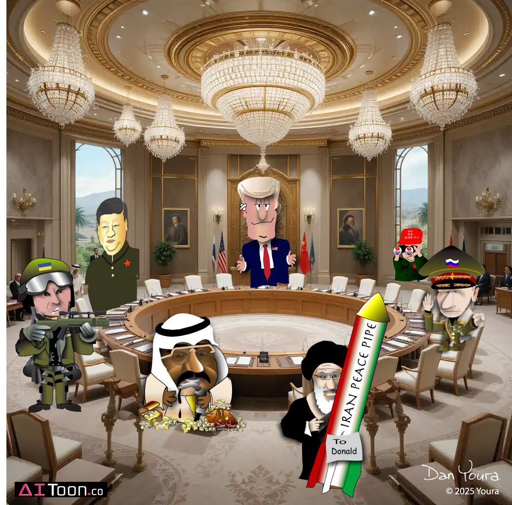 Cartoon soldiers and leaders sit around a lavish conference table in a palace-like room.