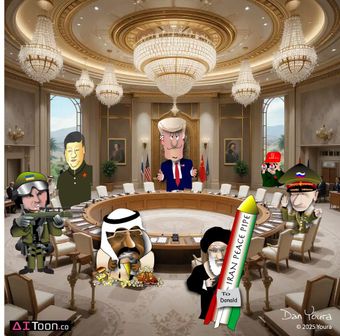 Cartoon soldiers and leaders sit around a lavish conference table in a palace-like room.