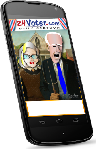 Cartoon on a smartphone screen showing two political figures, one with glasses and one with a blue tie.