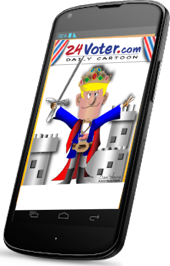 Smartphone displaying 24Voter.com Daily Cartoon with a crowned cartoon figure and castle towers