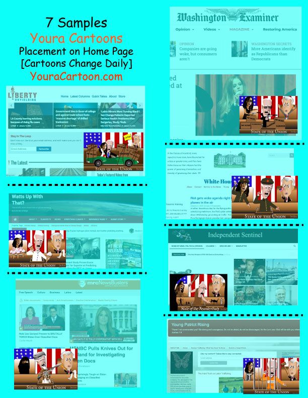 Collage of turquoise website screenshots showing cartoon pages and news-style layouts with small photo thumbnails
