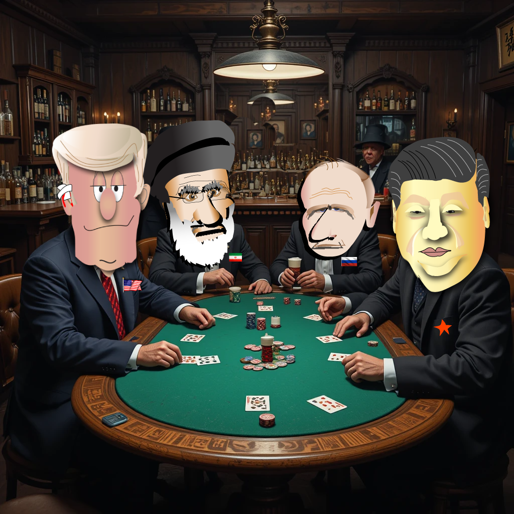 Cartoon politicians playing poker at a green table in a dimly lit room