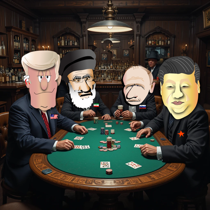 Cartoon politicians playing poker at a green table in a dimly lit room