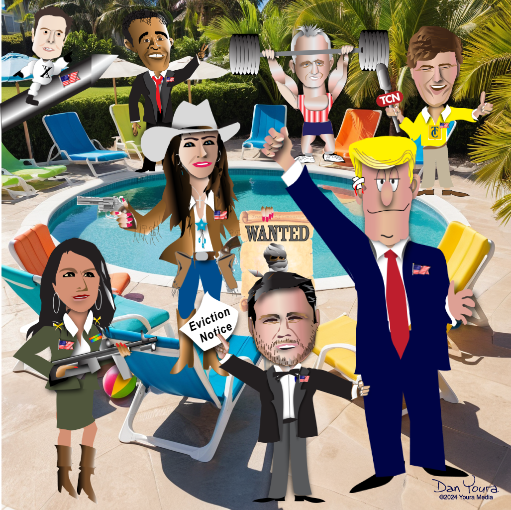 Cartoon of political figures around a pool, with a central man pointing and a woman in white waving.
