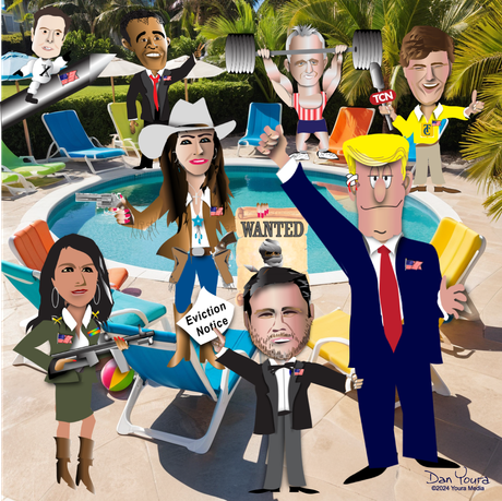 Cartoon of political figures around a pool, with a central man pointing and a woman in white waving.