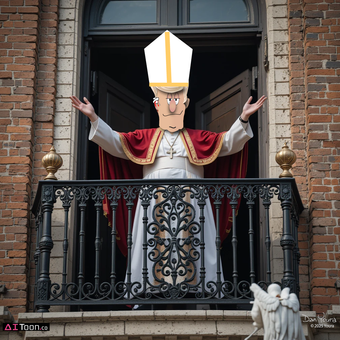 Pope figure on a balcony with arms raised, wearing white robes and a red cape above an ornate iron railing.