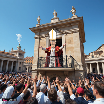Crowd cheers as a costumed figure in red stands on a balcony before a historic building