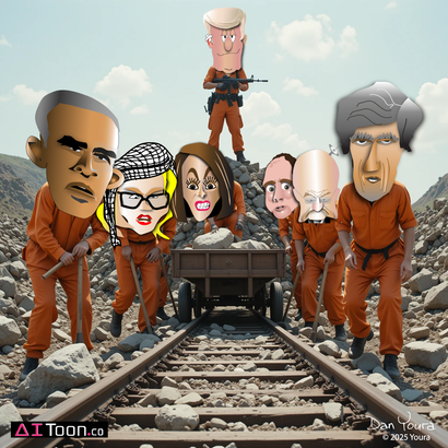 Cartoon train tracks with orange-clad characters and a gunman on a cart in a rocky canyon, parody style