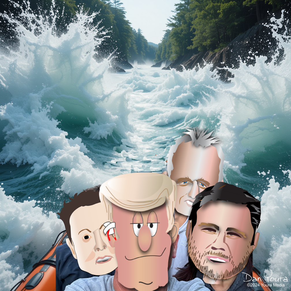 Four caricatured faces in life jackets before a huge crashing river rapid
