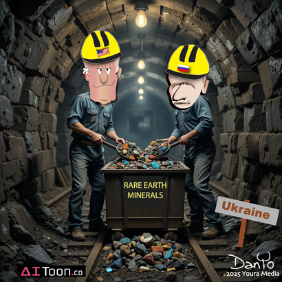 Two miners in a tunnel sorting rocks into a crate labeled “Rare Earth Minerals,” with “Ukraine” sign nearby