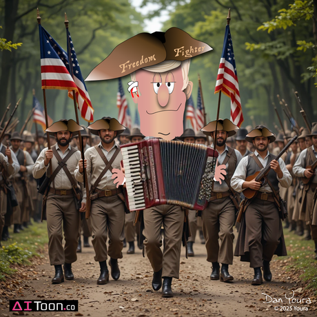Cartoon musician in a Civil War uniform plays accordion, marching with flag-bearing soldiers in a forest.