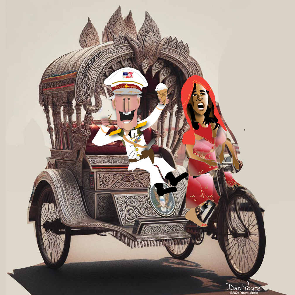 Decorated tricycle rickshaw with two costumed performers, one in a white uniform and one in red, against a plain background
