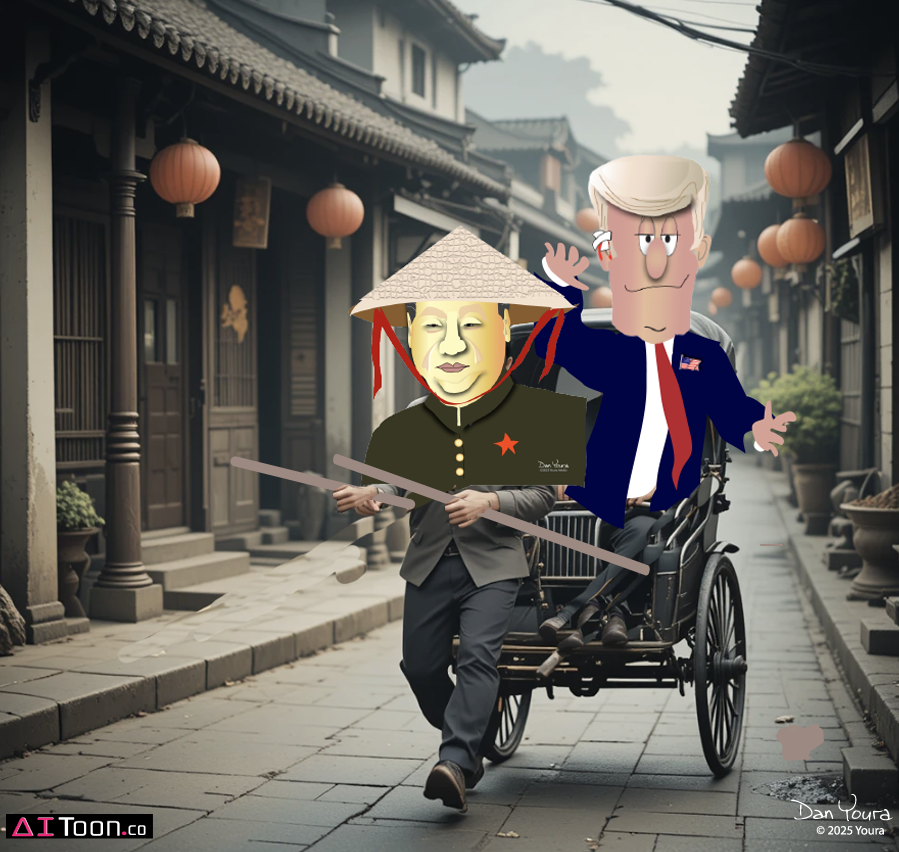 Two cartoon figures ride a bicycle rickshaw down a narrow lantern-lined street.