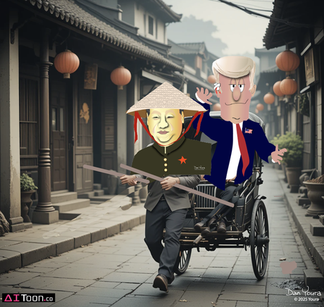 Two cartoon figures ride a bicycle rickshaw down a narrow lantern-lined street.
