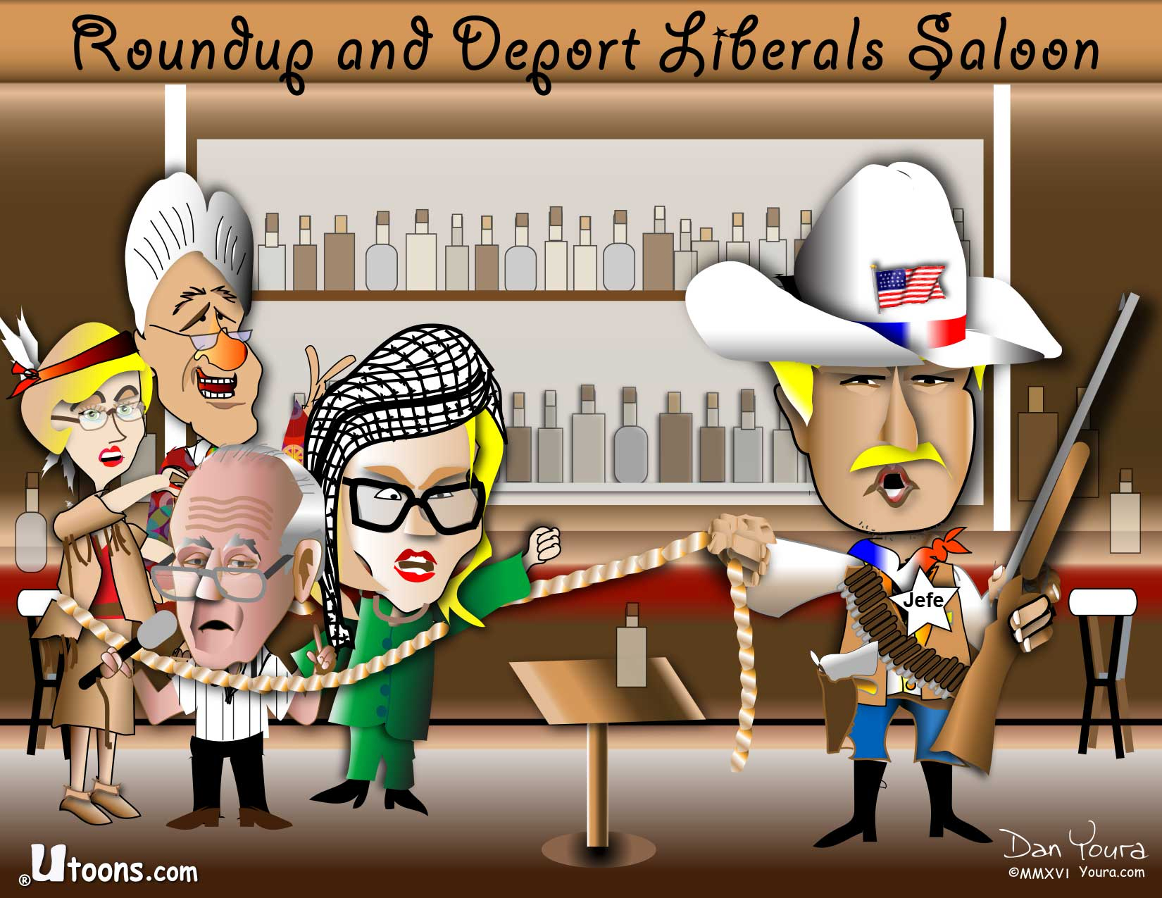Cartoon of politicians in a saloon with a “Roundup and Deport Liberals” sign, one holding a rifle.