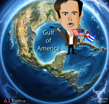 Cartoon of a man beside a labeled Gulf of America, holding U.S. and Mexican flags over a globe.