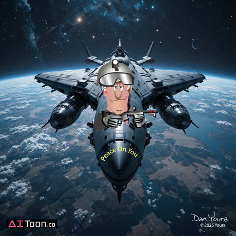 Cartoon spaceship over Earth with a large helmeted face on the nose and “Peace on You” text