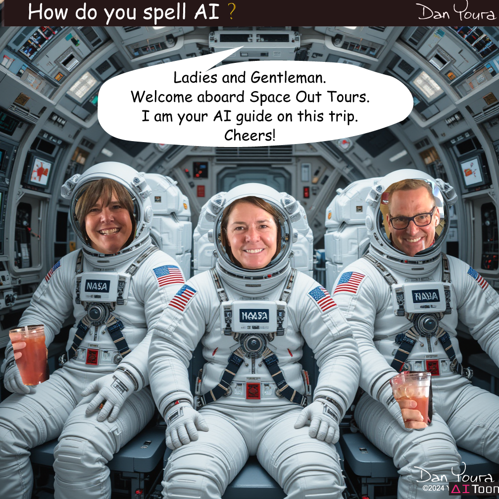 Astronauts in a spacecraft, with a “welcome aboard” message and a playful title at the top.
