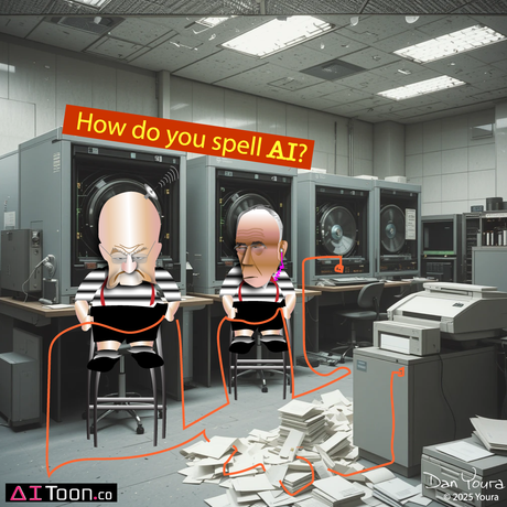 Two cartoon figures in a server room with scattered papers and a sign reading,