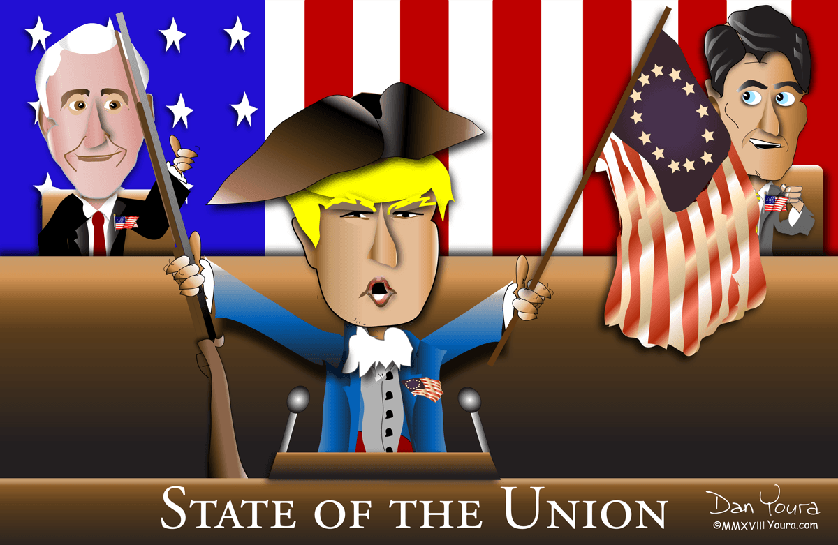 Cartoon politician at a podium during State of the Union, flanked by U.S. flags and portraits in the background.