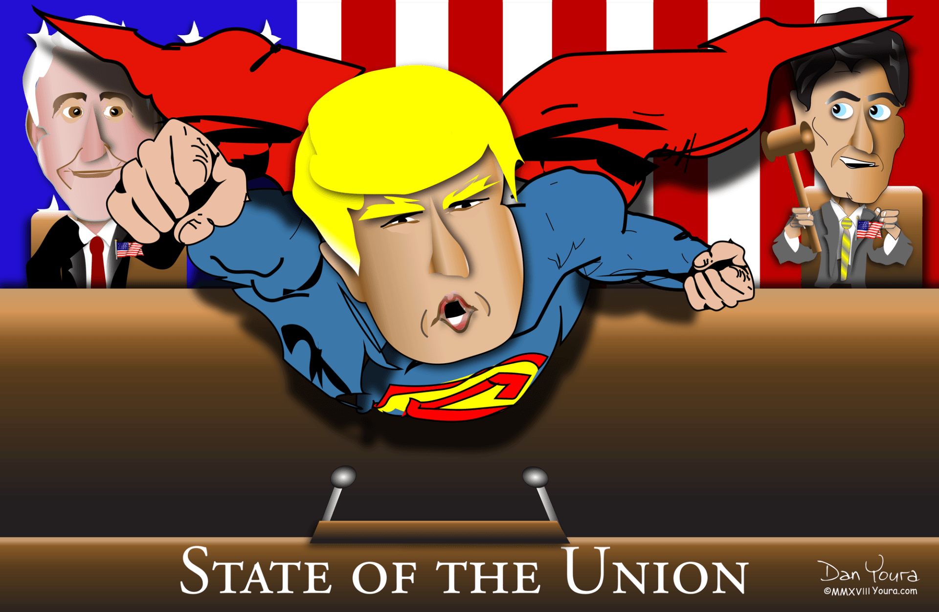 Cartoon of Donald Trump bursting forward before a U.S. flag, with two officials behind and “State of the Union” text.