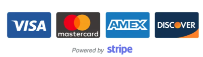 Visa, Mastercard, Amex, and Discover logos with “powered by Stripe” below.