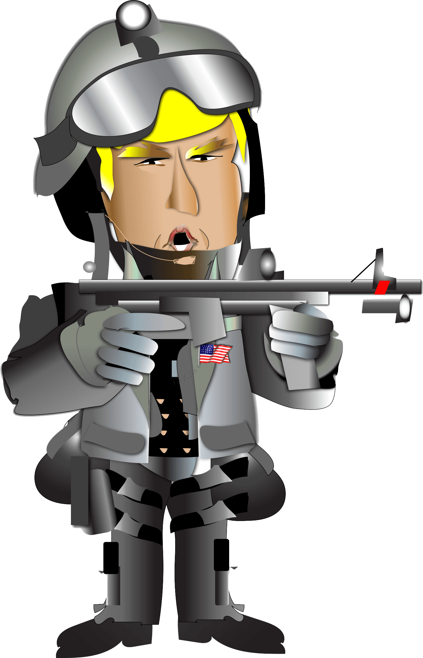Cartoon soldier in silver armor holding a rifle, with blond hair and a stern expression