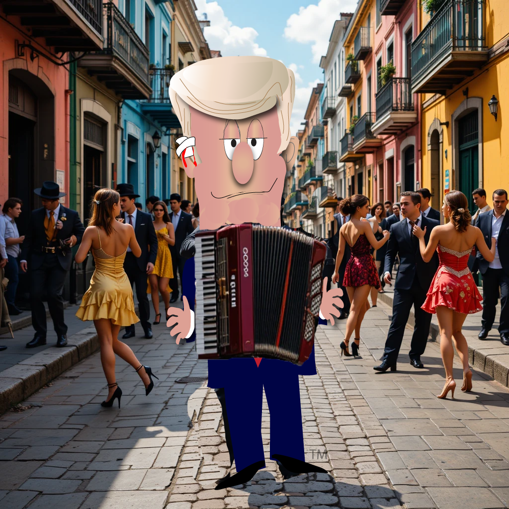 Cartoon accordion player in a colorful street with dancing pedestrians and old buildings
