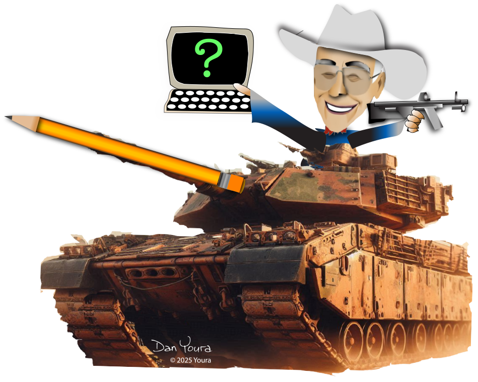 Cartoon cowboy in a tank with a giant pencil and a laptop showing a question mark.