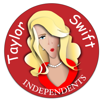 Red circular Taylor Swift logo with illustrated blonde woman and the word “Independents” at the bottom