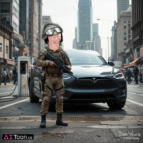 Cartoon soldier stands armed in front of a Tesla on a city street.
