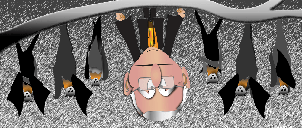 Cartoon face upside down in the center, surrounded by hanging black-and-white penguins on a gray background