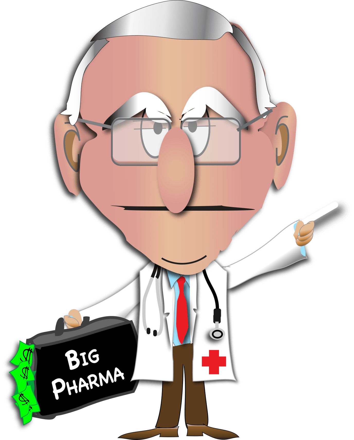 Cartoon doctor with stethoscope points beside a bag labeled “Big Pharma.”