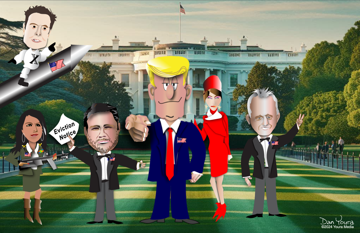 Cartoon figures on the White House lawn, including a central Trump caricature and other political characters.