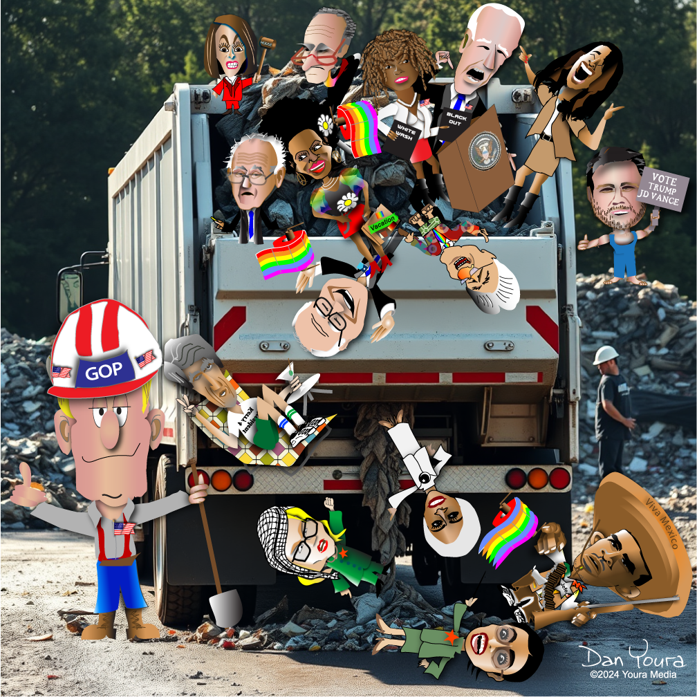 Cartoonish truck dumping pile of GOP-themed cutout figures and debris in a scrapyard-like scene