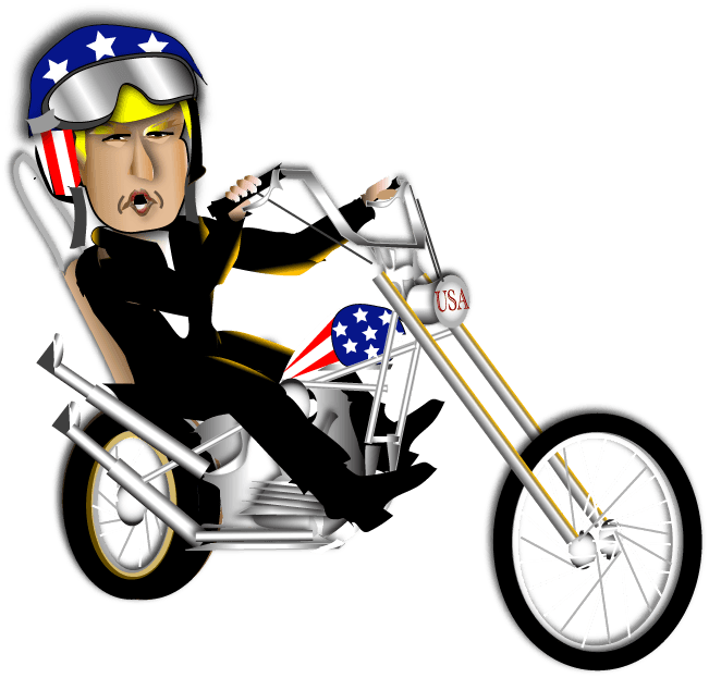 Cartoon biker on a chrome chopper, wearing a blue helmet with stars and sunglasses, riding on a white background
