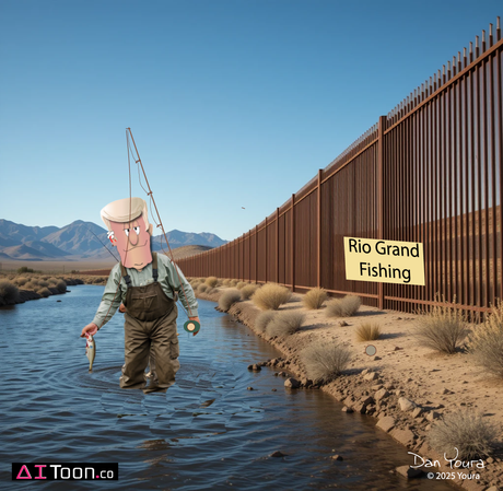 Cartoon fisherman in waders by a river beside a tall fence and “Rio Grand Fishing” sign.