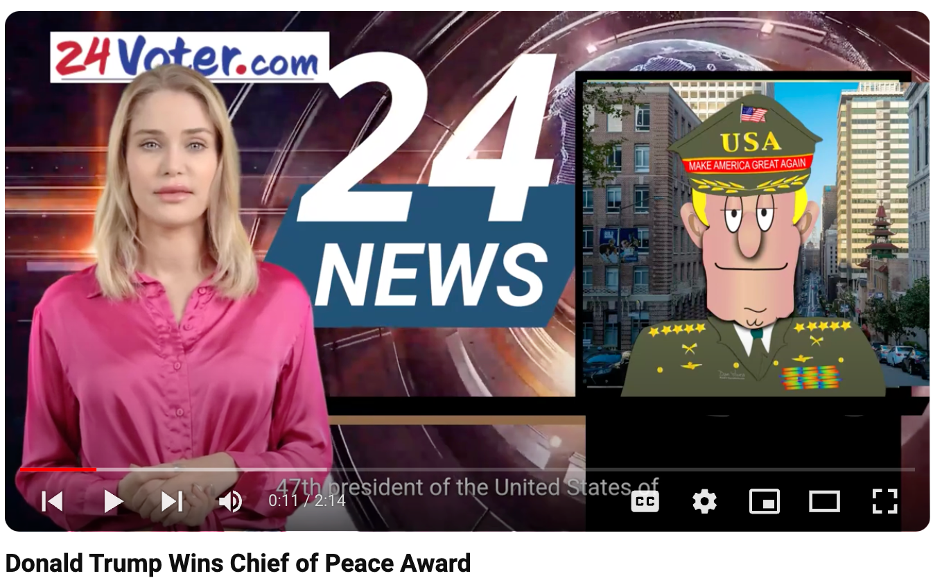 24 News graphic with a female anchor on the left and a cartoon Trump at a podium on the right