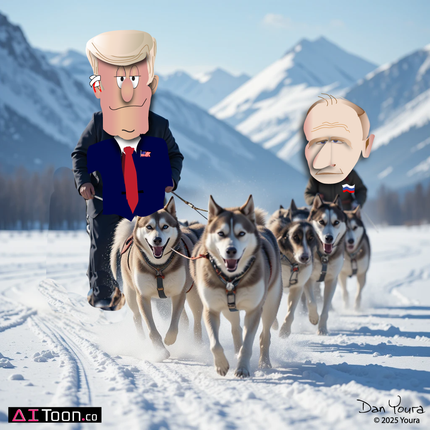 Cartoon Trump and Biden ride a dog sled across snowy mountains with huskies pulling ahead