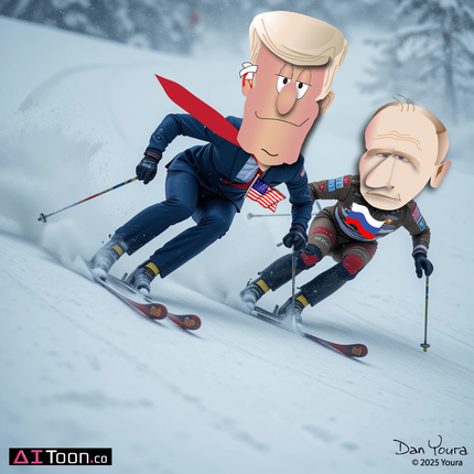 Two cartoon skiers race downhill on a snowy slope, wearing dark gear and exaggerated oversized heads.