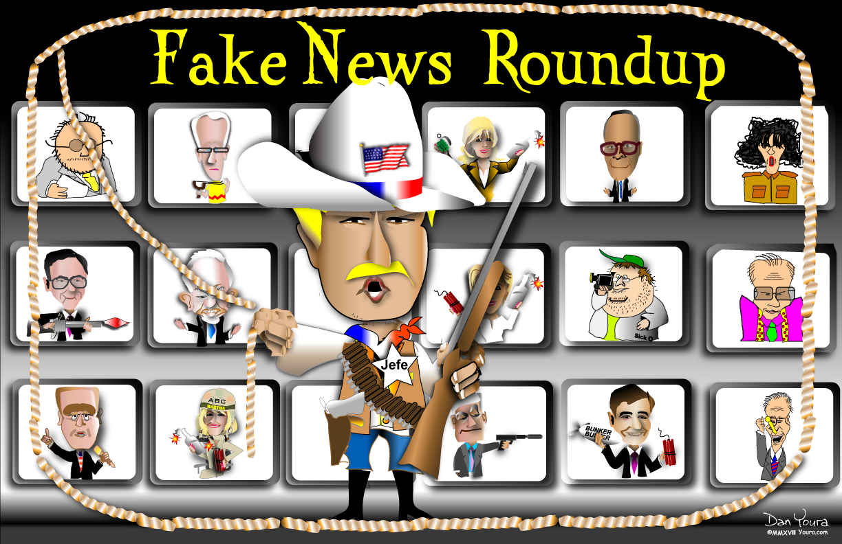 Cartoon titled “Fake News Roundup” with a cowboy holding a rifle, surrounded by small news-character panels.