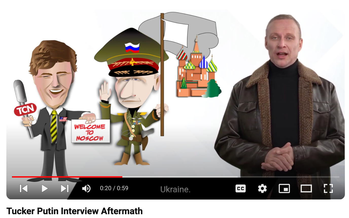Cartoon of two figures and a soldier beside a map of Ukraine; man speaking on the right.