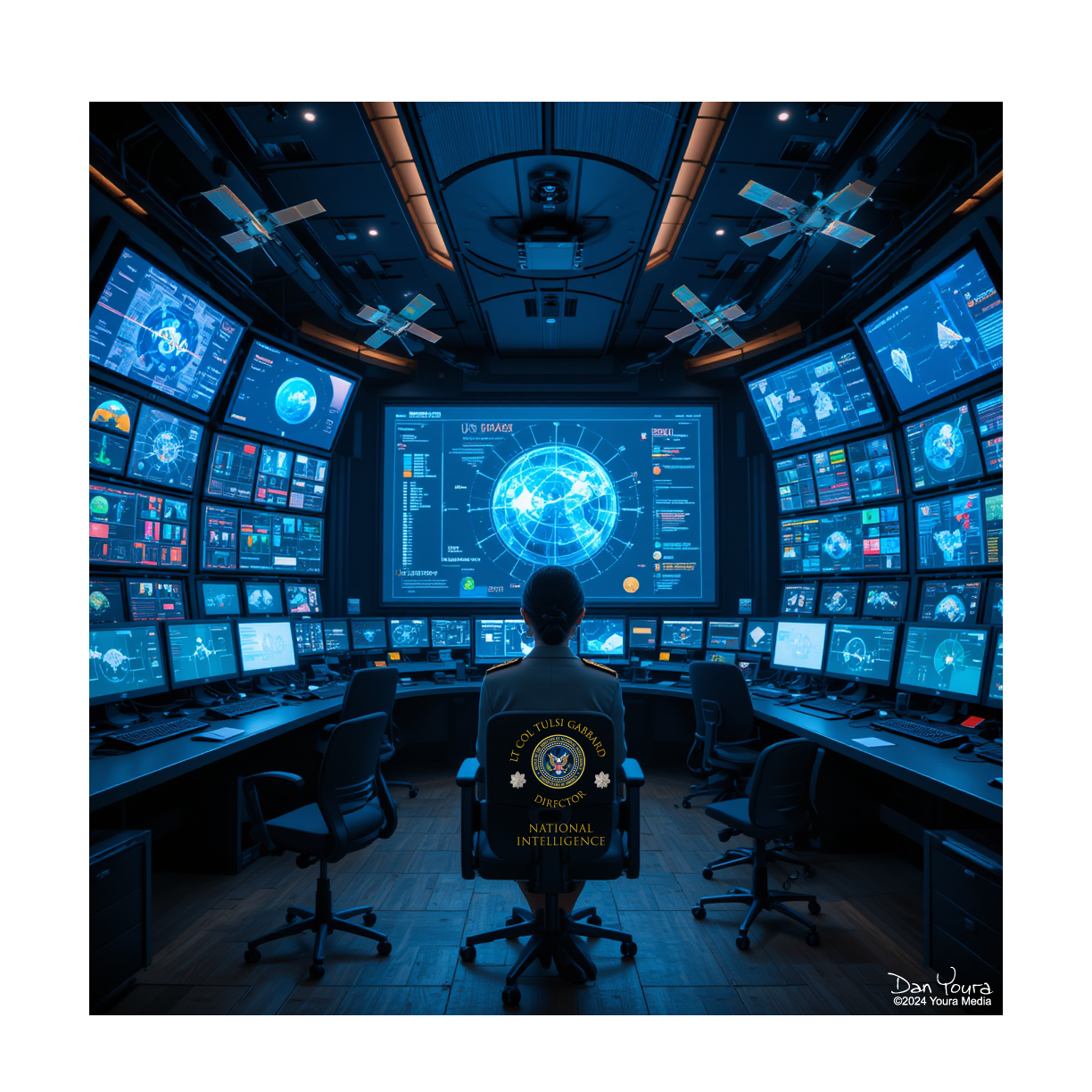 Operator in a blue-lit futuristic control room surrounded by screens displaying digital data and a globe.