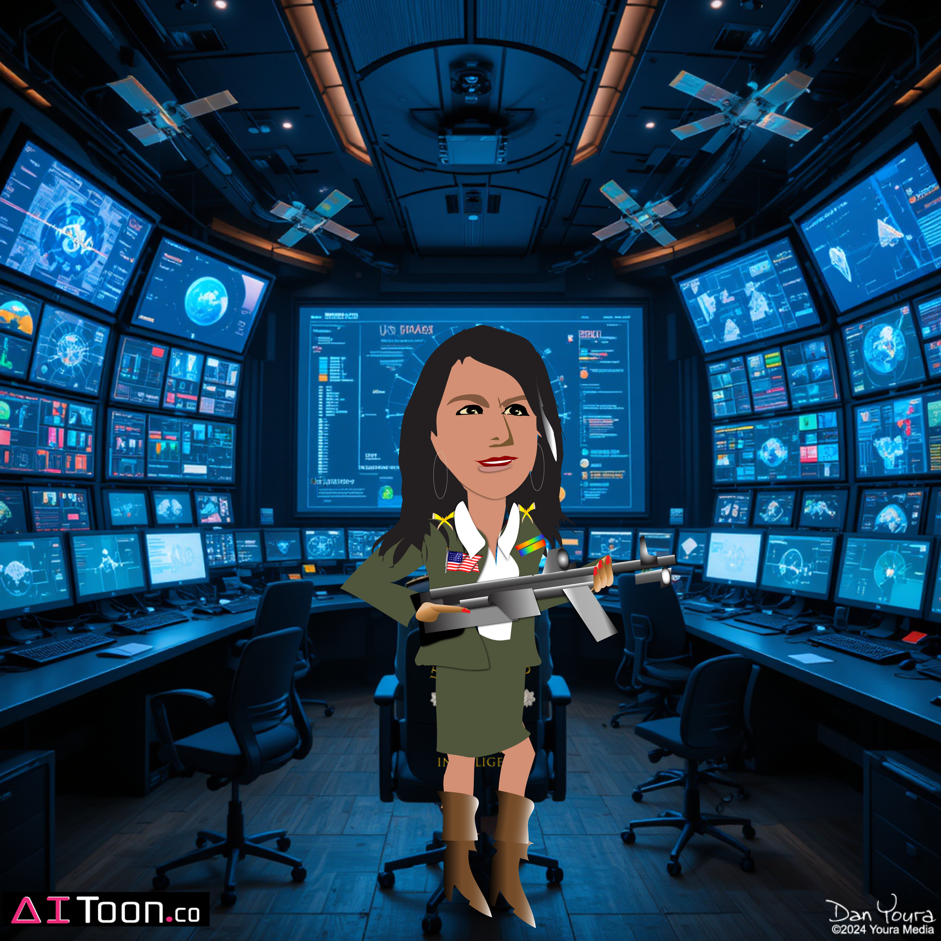 Cartoon presenter in a blue-lit control room surrounded by wall-to-wall monitors and computer consoles