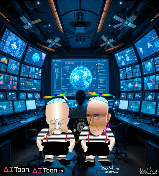 Two cartoon elderly men sit in a futuristic control room facing blue computer screens.