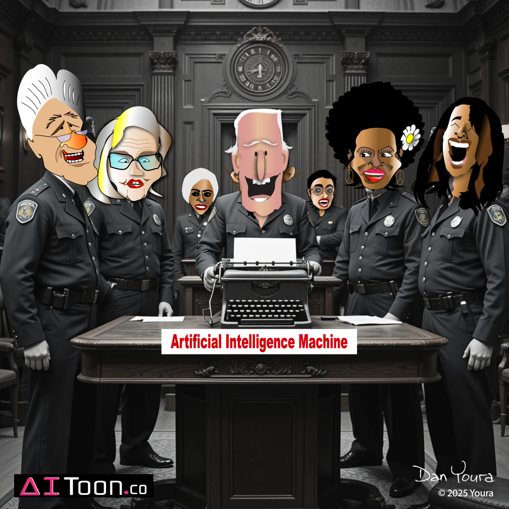 Cartoon of people around a desk with a machine labeled “Artificial Intelligence Machine” in a gray office.