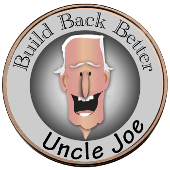 Logo with smiling cartoon face and text “Build Back Better” and “Uncle Joe” on a gray circular seal.